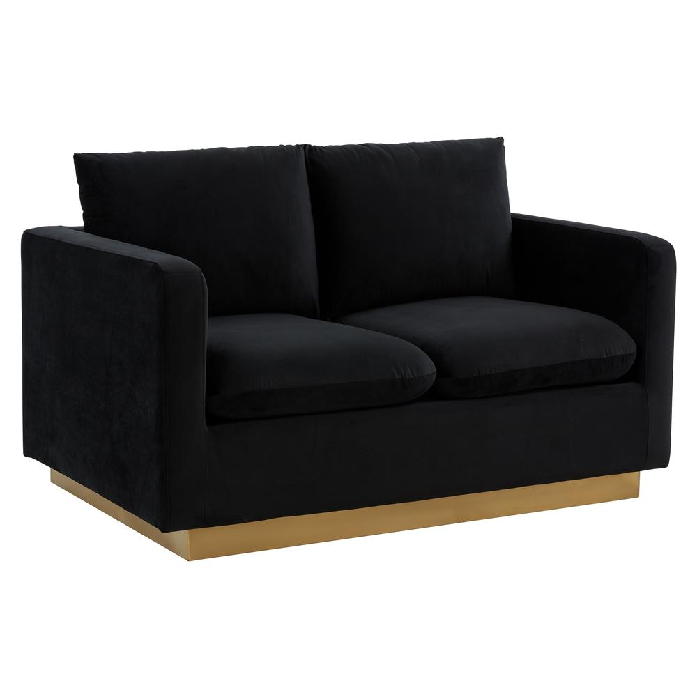 Modern velvet loveseat with gold metal frame, upholstered in plush fabric, featuring a sleek mid-century design for stylish living rooms.