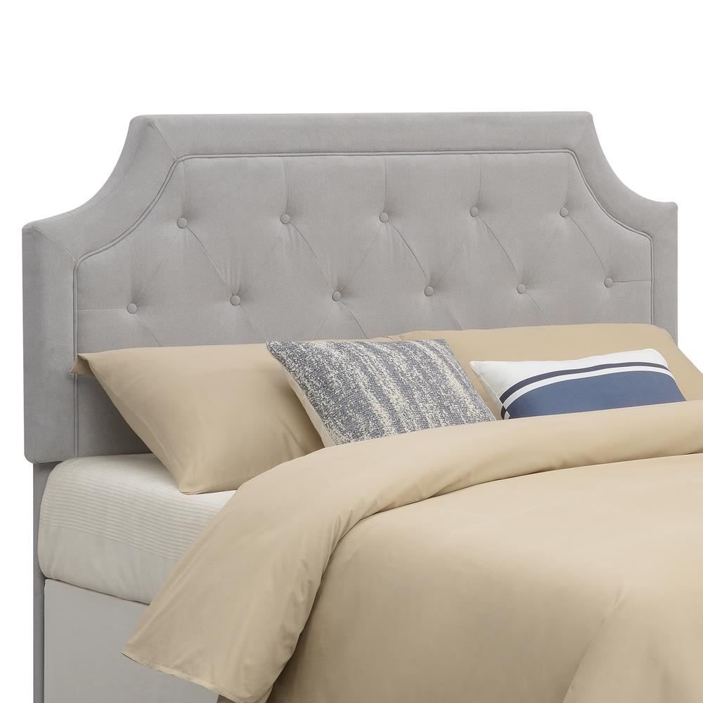 Start2Finish Alta full/queen grey headboard with a modern upholstered design, showcasing soft fabric and clean lines.