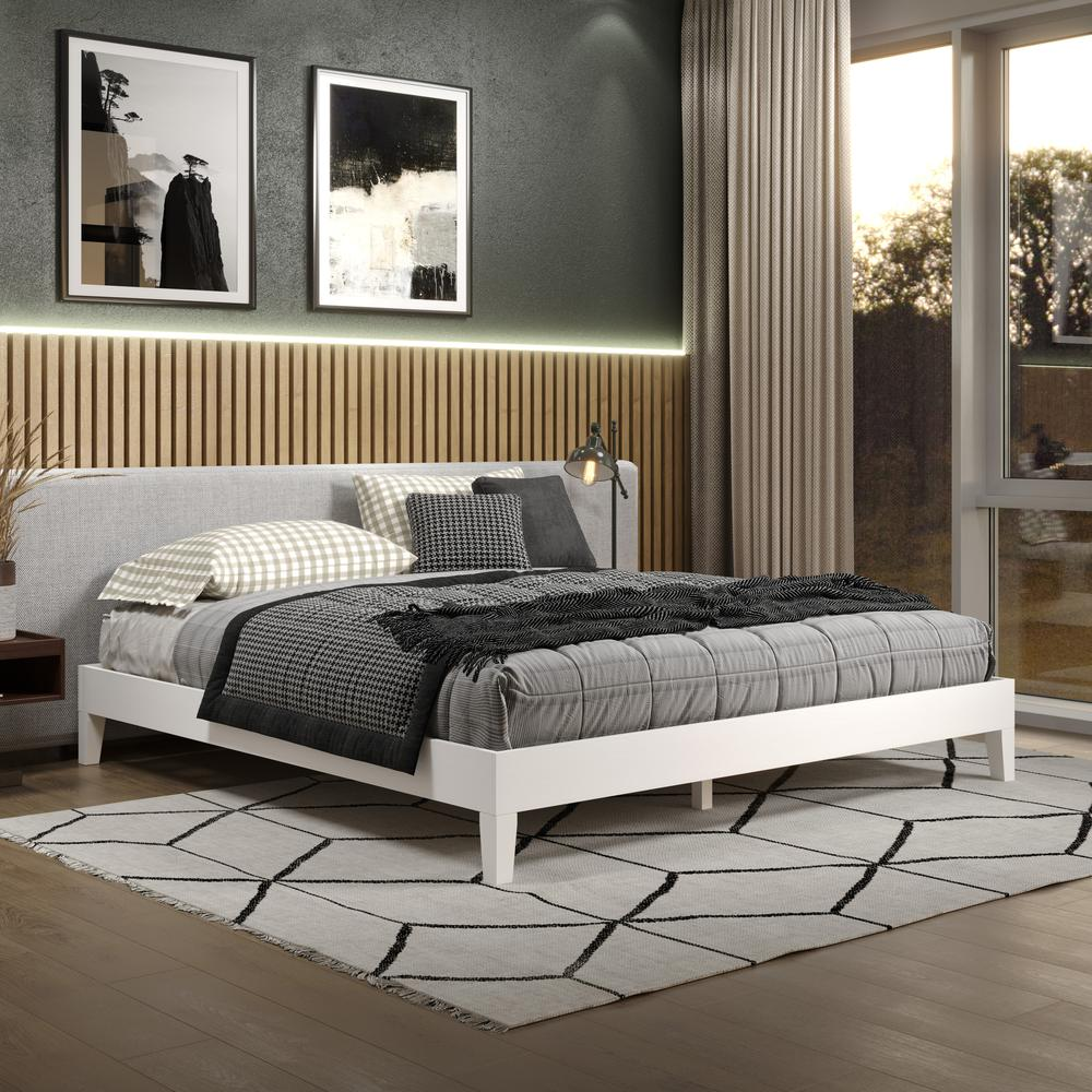 White Nix Solid Wood King Platform Bed by Start2Finish shown in a modern bedroom setting with clean lines and sturdy construction.