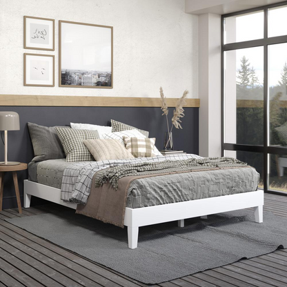 Start2Finish Nix solid wood queen platform bed in white with clean lines and sturdy construction, shown in a bedroom setting.