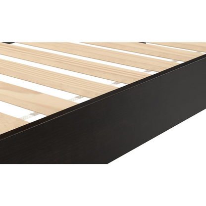 Black Nix solid wood platform bed by Start2Finish with a sleek, modern design and sturdy construction, shown in a bedroom setting.