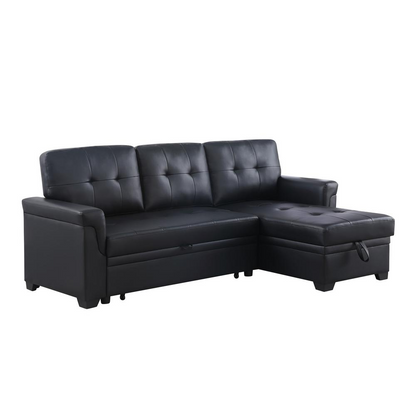 Lexi black synthetic leather reversible sleeper sectional sofa with storage chaise by Start2Finish, featuring modern design and plush cushions.