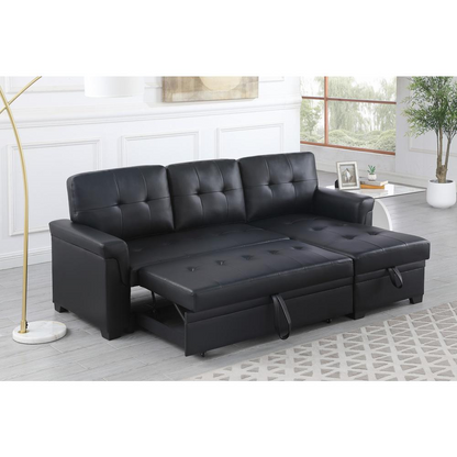 Lexi Black synthetic leather reversible sleeper sectional sofa with storage chaise from Start2Finish, featuring modern design and plush cushions.