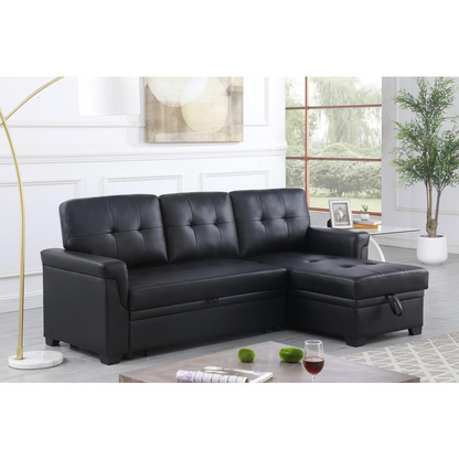Start2Finish Lexi black synthetic leather reversible sleeper sectional sofa with storage chaise, modern design and plush seating.