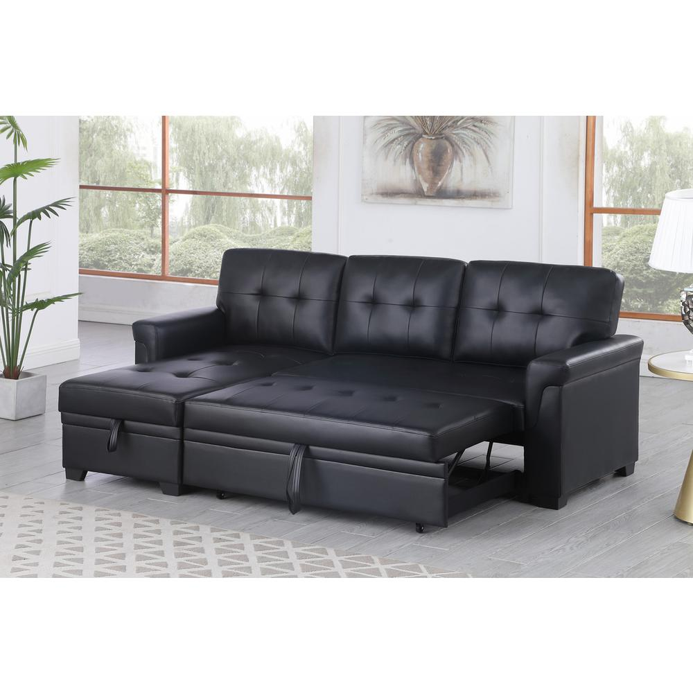 Lexi black synthetic leather reversible sleeper sectional sofa with storage chaise by Start2Finish, featuring modern design and plush cushions.