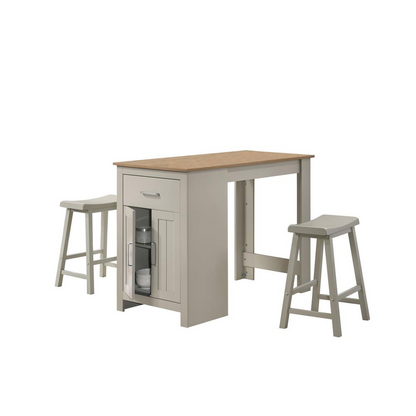 Light gray Alonzo counter height dining table with cabinet, drawer, and two ergonomic stools by Start2Finish