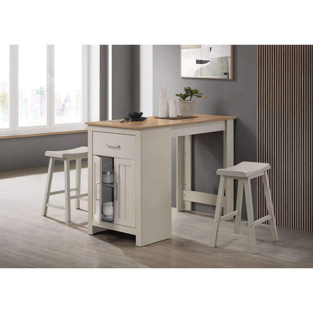Alonzo light gray small space counter height dining table with cabinet, drawer, and two ergonomic counter stools by Start2Finish.