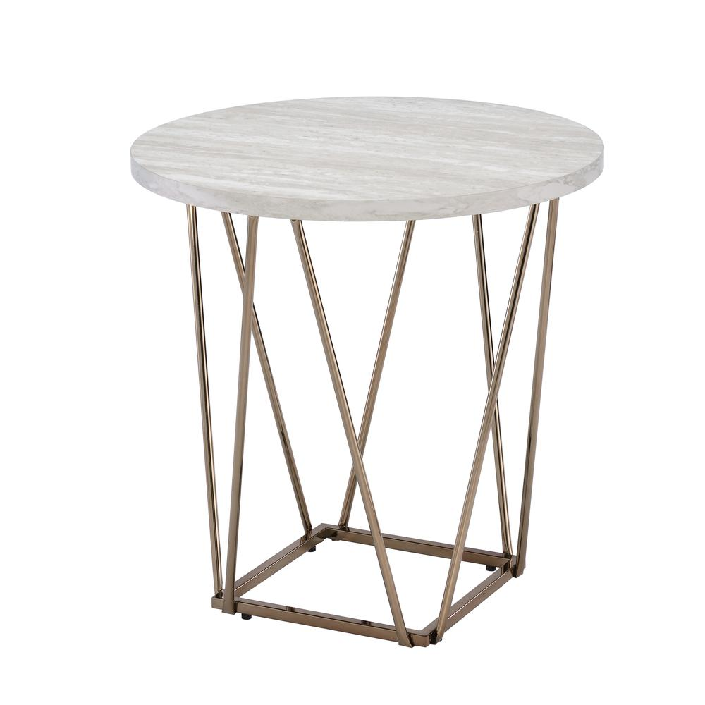 Start2Finish Rowyn faux marble top end table with wooden legs, modern design, and compact size for living room decor.