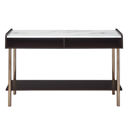 Start2Finish Carrie Sofa Table with wooden top and metal legs, shown in a modern living room setting.