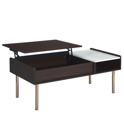 Start2Finish Carrie lift-top coffee table with wood finish, featuring a raised tabletop for versatile use and storage space.