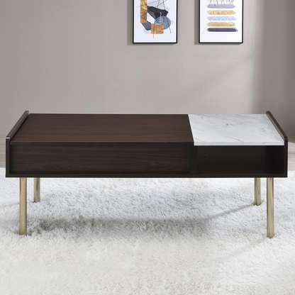 Start2Finish Carrie lift-top coffee table with wood finish, featuring a raised tabletop for storage and versatile use.