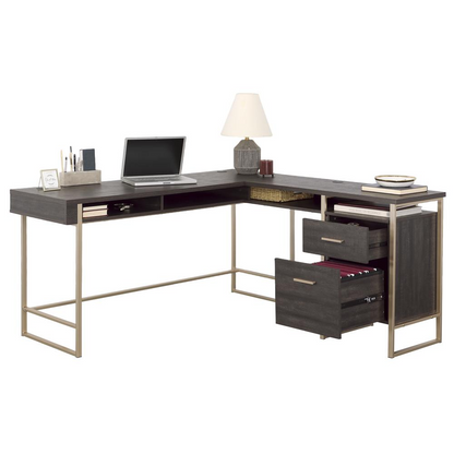 Start2Finish Walter Heights L Desk in Blade Walnut finish showing the sleek, modern walnut wood desk with an L-shaped design.