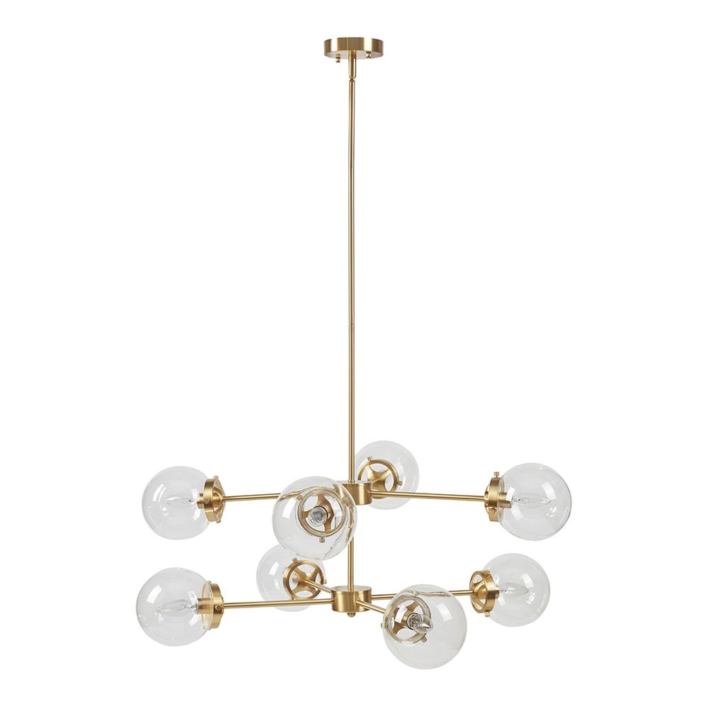 8-light metal chandelier with globe bulbs, modern lighting fixture featuring sleek metal frame and clear glass globes.