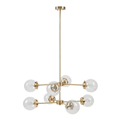 8-light metal chandelier with globe bulbs, modern lighting fixture featuring sleek metal frame and clear glass globes.