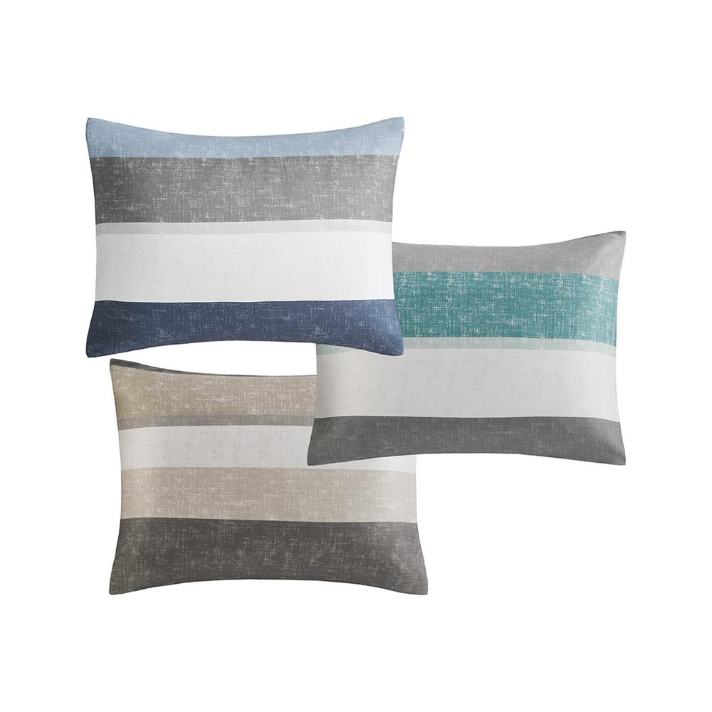 Start2Finish Jaxon Stripe Comforter Set with aqua and grey bed sheets, featuring a modern striped design on soft bedding.