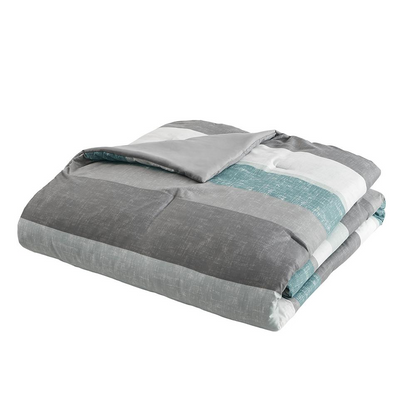 Start2Finish Jaxon Stripe Comforter Set with aqua and grey bed sheets, featuring a stylish striped design and plush fabric.