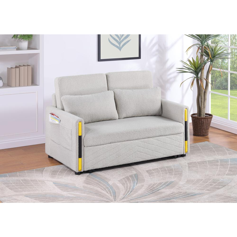 Beige teddy velvet sleeper loveseat with side pockets from Start2Finish, featuring plush fabric and cozy, modern design.
