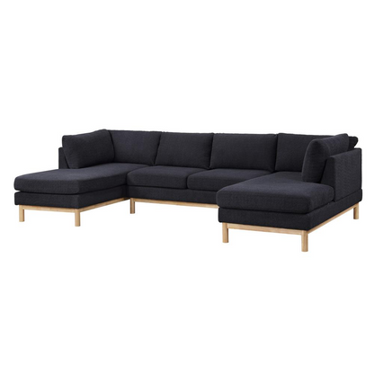 Start2Finish black sherpa double chaise U-shaped sectional sofa, showcasing plush fabric and spacious seating in a living room setting.