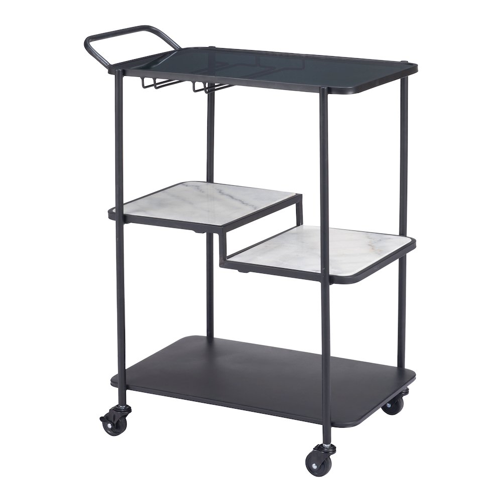 Start2Finish Constanza Black Bar Cart with metal frame, wheels, and multiple shelves for stylish beverage and accessory storage.