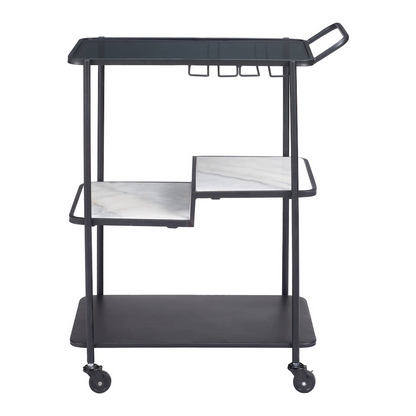 Start2Finish Constanza Black Bar Cart with metal frame and two shelves for stylish beverage and accessory storage.