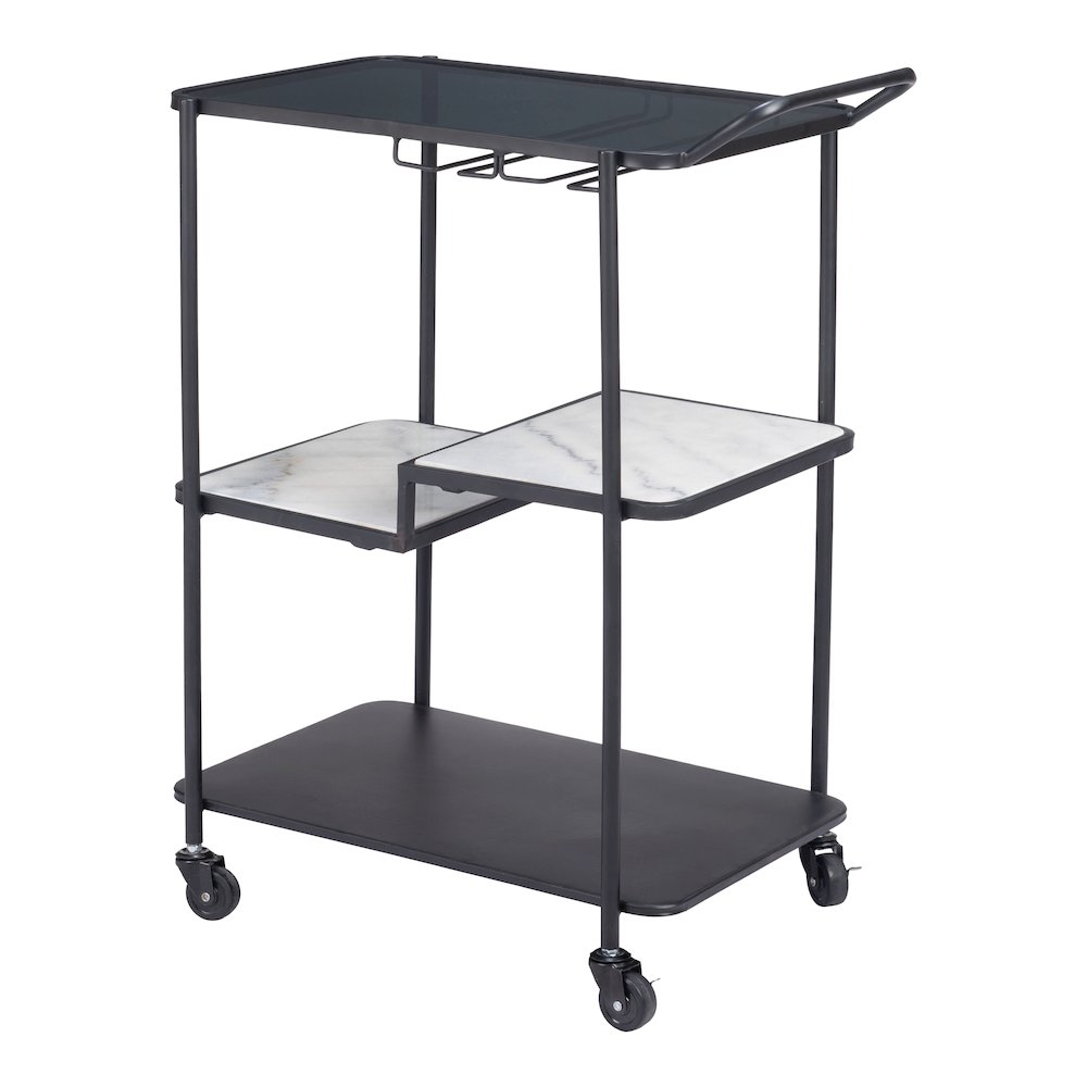 Start2Finish Constanza Black Bar Cart with two tiers and metal frame, perfect for serving drinks and stylish home bar setup.