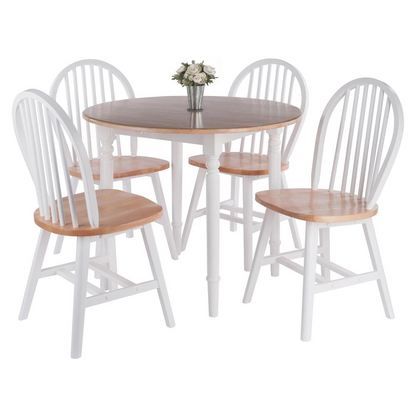 Sorella 5-piece drop leaf dining table with natural and white finish, paired with Windsor style chairs, made by Start2Finish.