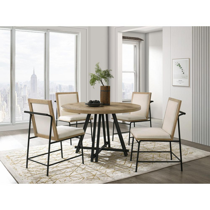 Start2Finish Tate oak finish 47-inch round dining table set with cream upholstered chairs, modern wood dining room furniture