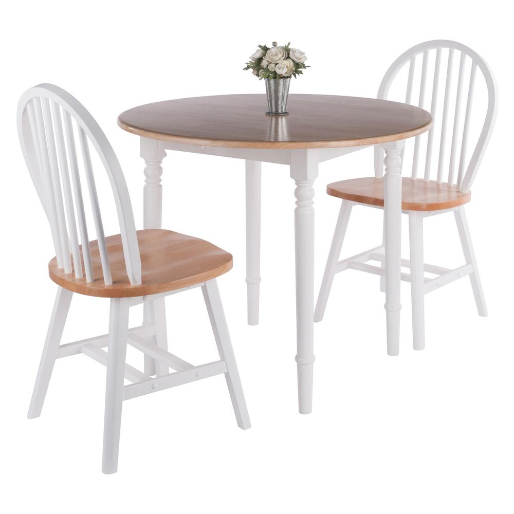 Sorella 3-piece drop leaf dining table with Windsor chairs in natural and white finish, ideal for casual dining spaces.