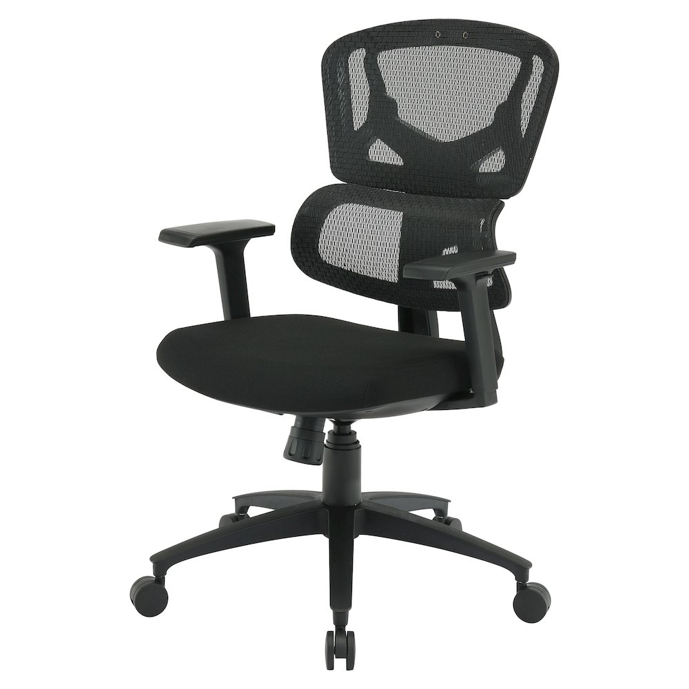 Start2Finish mesh back manager’s office chair with adjustable armrests and ergonomic design, shown in black with a swivel base.