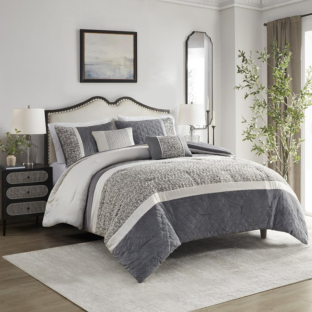 Start2Finish 5-piece textured jacquard stripe comforter set with matching throw pillows, featuring intricate woven pattern and plush fabric.