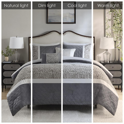 Start2Finish 5-piece textured jacquard stripe comforter set with matching throw pillows, showcasing a stylish bedding design.