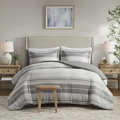 Start2Finish 3-piece stripe duvet cover set with matching pillowcases in navy and white, showcasing a modern bedding design.