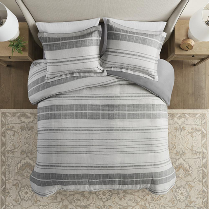 Start2Finish 3-piece stripe duvet cover set with blue and white striped design, displayed on a bed with matching pillowcases.