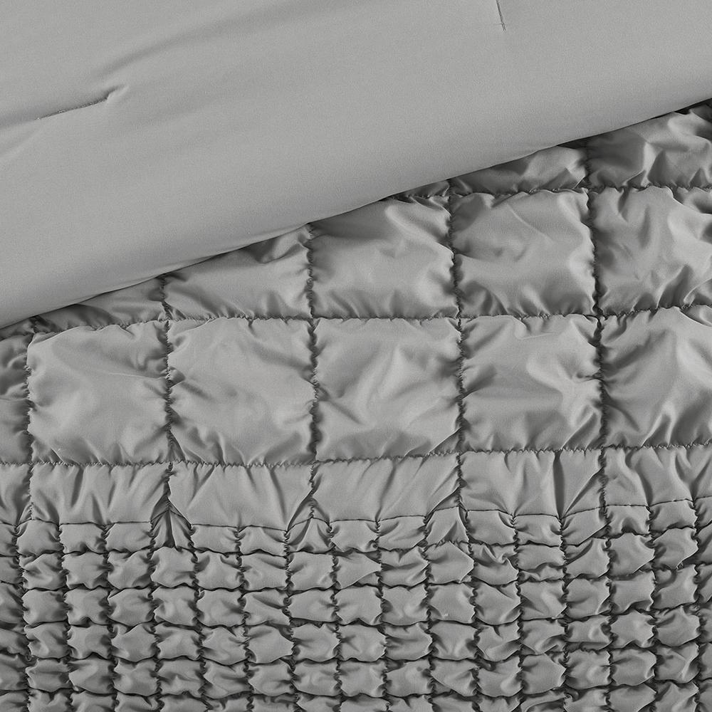 Start2Finish Evelyn 3-piece grey stripe ruched comforter set with matching pillow shams, showcasing a cozy, stylish bedding design.