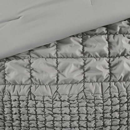 Start2Finish Evelyn 3-piece grey stripe ruched comforter set with matching pillow shams, showcasing a cozy, stylish bedding design.
