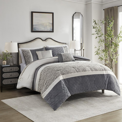 Start2Finish 5-piece textured jacquard stripe comforter set with matching throw pillows on a bed.