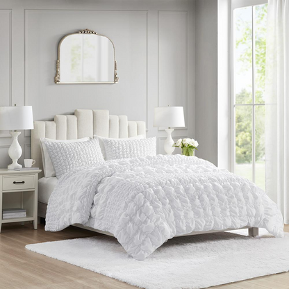 Start2Finish Evelyn 3-piece stripe ruched comforter set in white, showing the textured, ruched design on the comforter and matching pillow shams.
