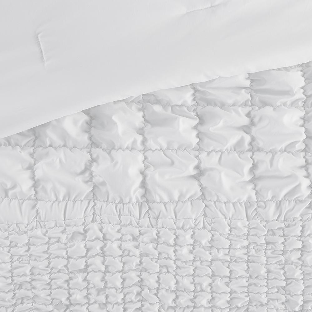 Evelyn 3-piece stripe ruched comforter set by Start2Finish in white with textured, ruched fabric and matching pillow shams.
