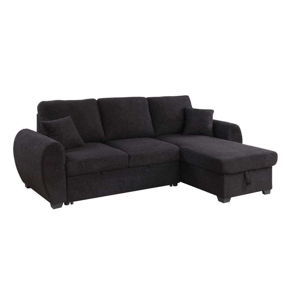 Black teddy fleece reversible sectional sofa with storage chaise, 95 inches wide, by Start2Finish, showing plush fabric and modern design.
