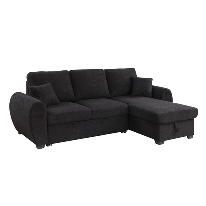 Black teddy fleece reversible sectional sofa with storage chaise, 95 inches wide, by Start2Finish, showing plush fabric and modern design.