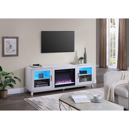 White walnut finish Summit 70-inch TV stand with fireplace by Start2Finish, featuring spacious storage and modern design.