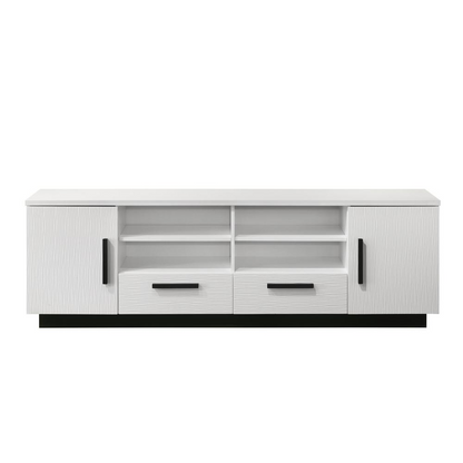 Start2Finish Matilda 70.5-inch white TV stand with drawers, showcasing a sleek modern design and ample storage space.