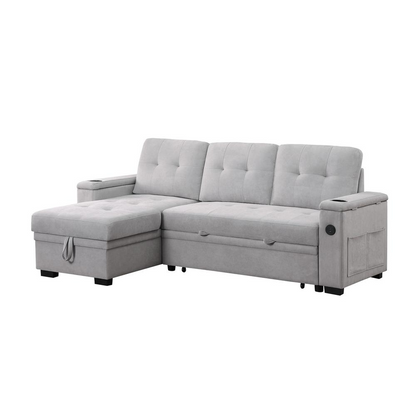 Gray woven fabric reversible sleeper sectional sofa from Start2Finish, showing the sofa with cushions and a modern design.
