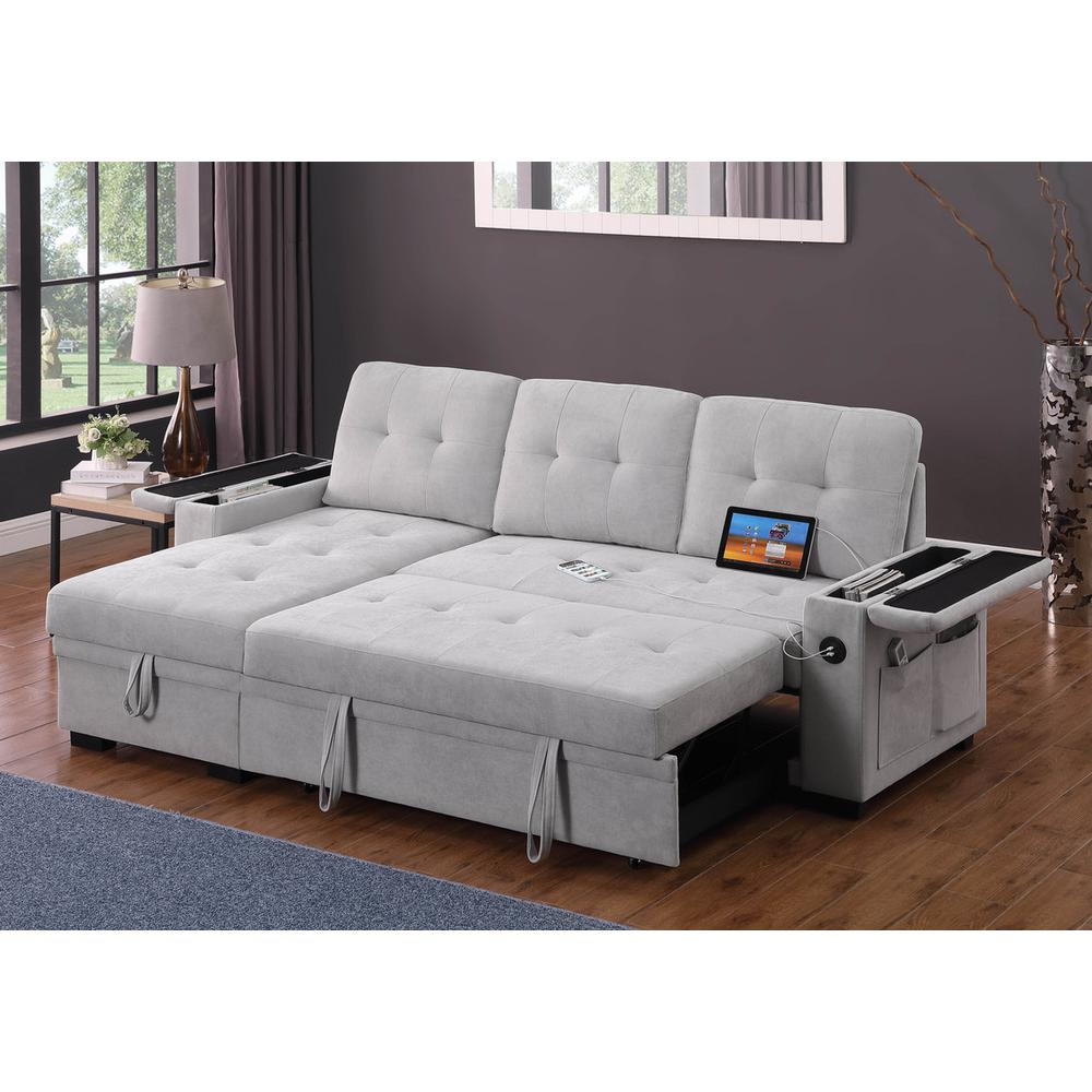 Gray woven fabric reversible sleeper sectional sofa measuring 84 inches, featuring a modern design and versatile seating options.