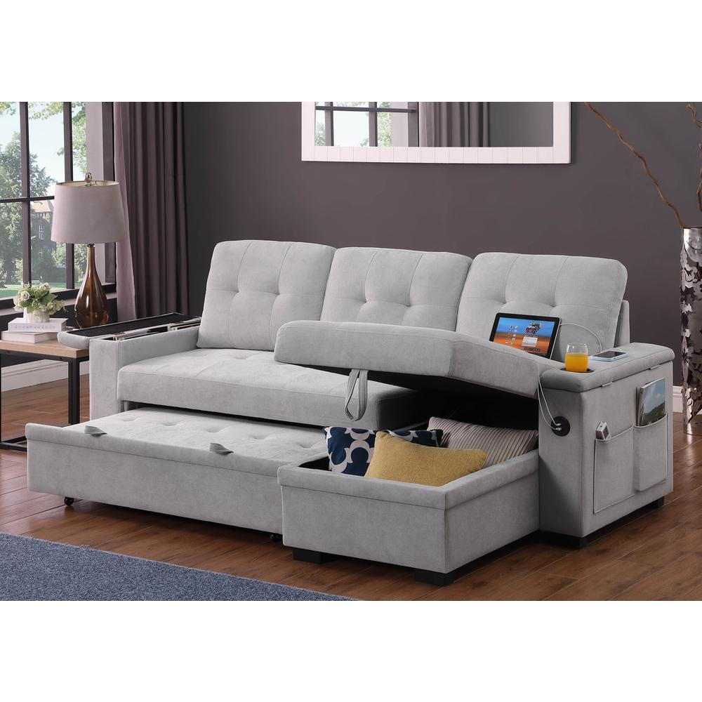 Gray woven fabric reversible sleeper sectional sofa from Start2Finish, showing the modern design and plush cushions.