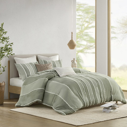 Start2Finish Shay 3-piece striped cotton duvet cover set in sage, showing the cozy, soft bedding with matching pillow shams.