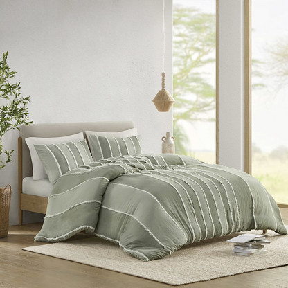 Start2Finish Shay 3-piece striped cotton duvet cover set in sage with matching pillow shams, soft and breathable bedding.
