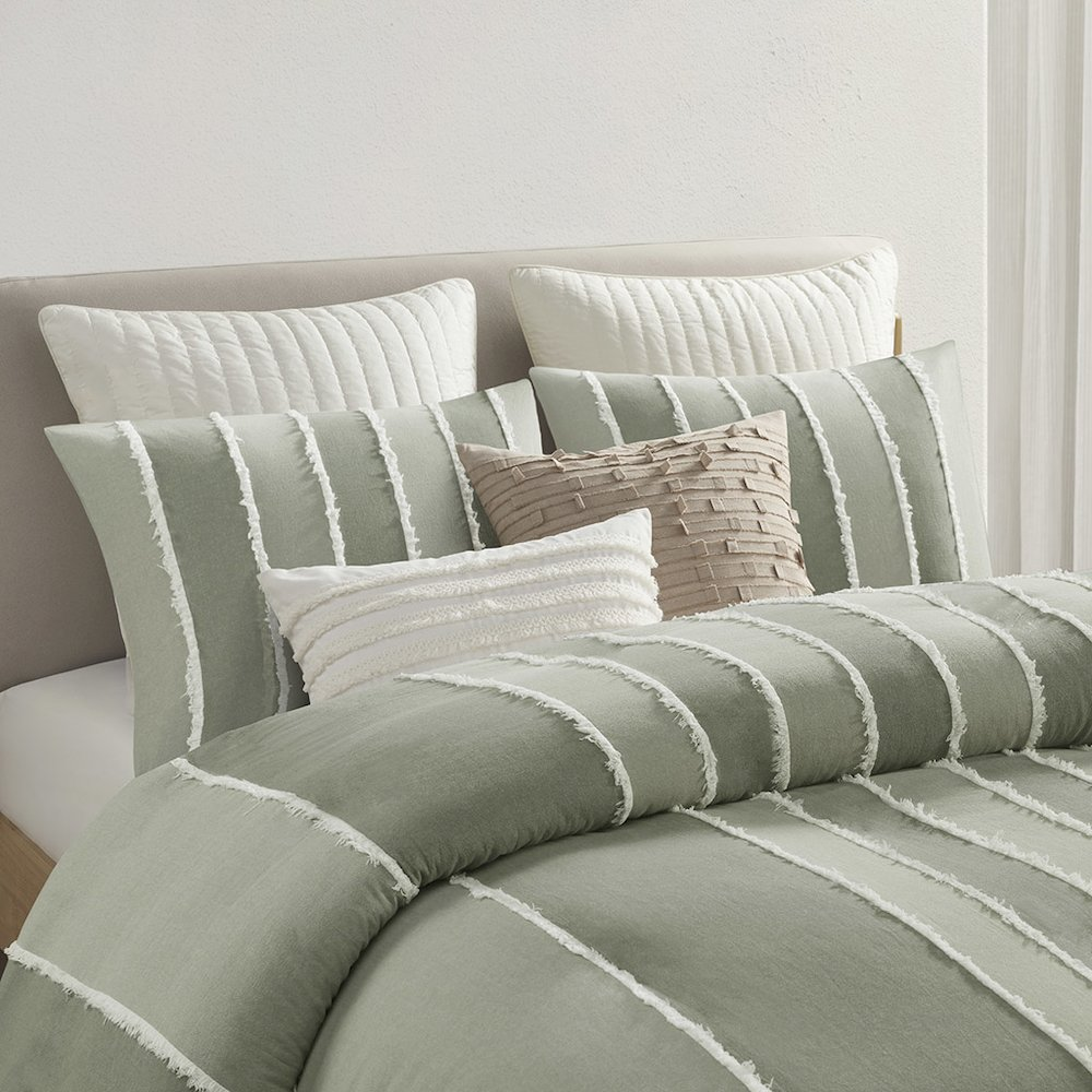 Start2Finish Shay 3-piece striped cotton duvet cover set in sage, showing the soft, woven fabric and matching pillow shams.