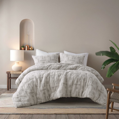 Start2Finish Cairo 3-piece ivory cotton jacquard comforter set with intricate woven pattern, shown on a neatly made bed.