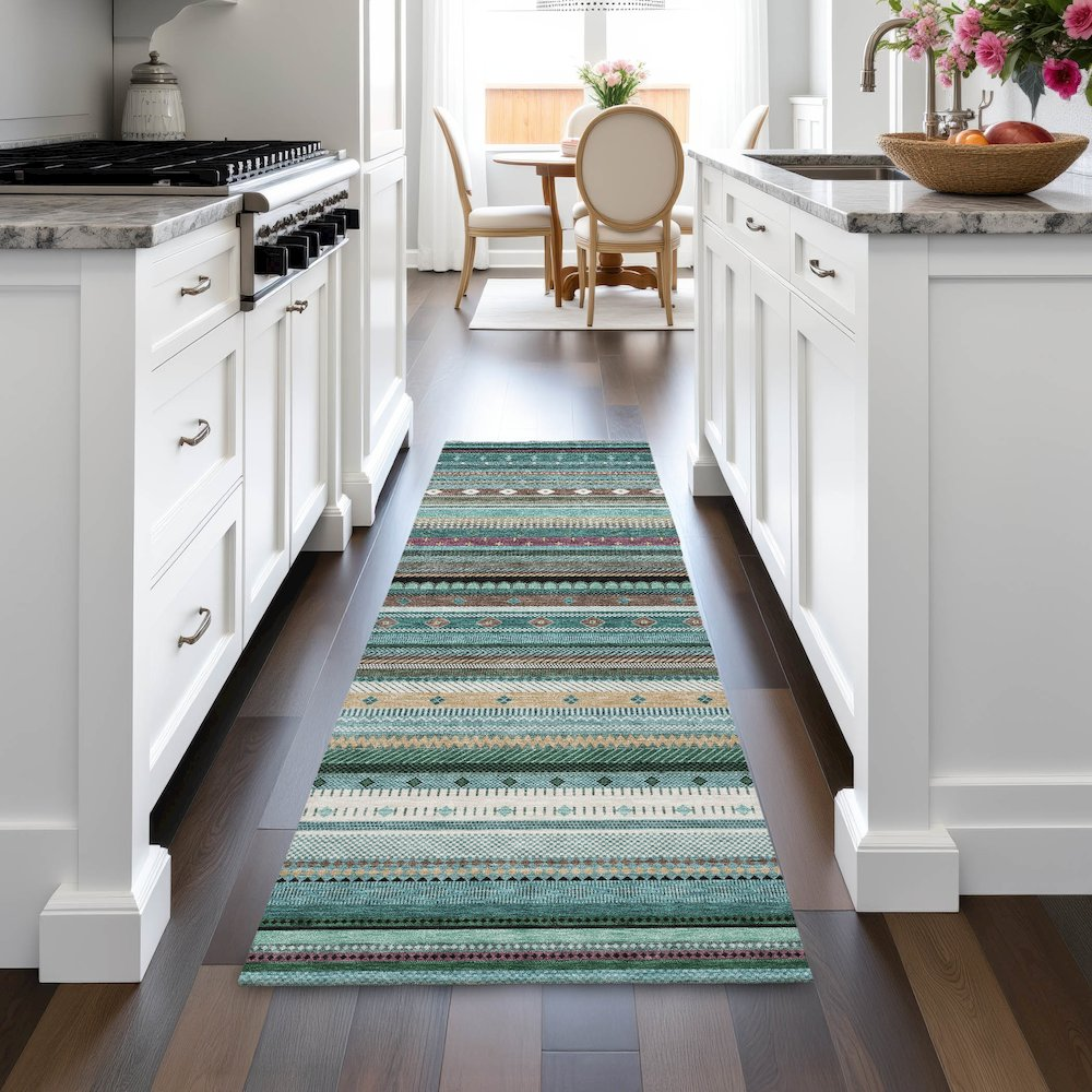 Start2Finish teal indoor/outdoor Chantille ACN2218 runner rug with machine washable fabric, 2&